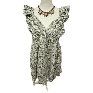 Romantic ditsy floral mini dress ruffle sleeve open tie back empire waist large